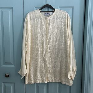 Vtg MSAS Ivory Embroidered Button Front Tunic Blouse Victorian Floral Boho Sheer
